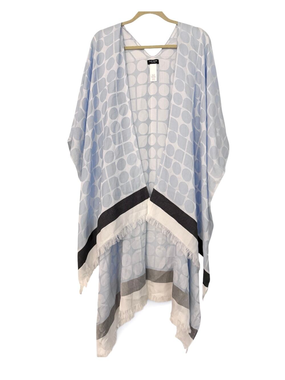 Kate Spade New York Blue White Geo Print Kaftan Poncho Cover Up Duster Fringe